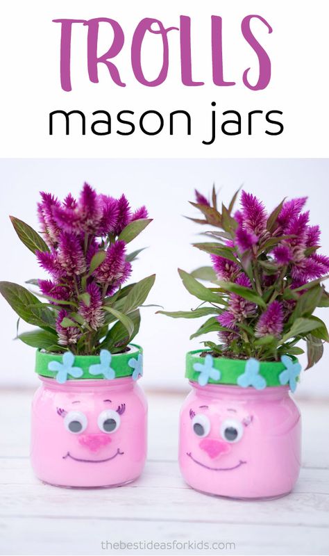 Make these adorable Trolls Mason Jars for a Trolls-themed party or for a kids room! Trolls party ideas, Trolls crafts, Trolls kids crafts, Poppy Trolls ideas, Poppy Trolls crafts via @bestideaskids Trolls Crafts, Trolls Party Ideas, Poppy Trolls, Trolls Party, Diy Summer Crafts, Trolls Birthday Party, Troll Party, Mason Jar Crafts Diy, Mason Jar Diy