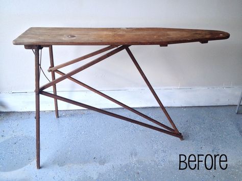 Tiny Bedside Table, Antique Ironing Boards, Wood Ironing Boards, Ironing Board Storage, Vintage Ironing Boards, Old Ironing Boards, Wooden Ironing Board, Make A Chalkboard, Diy Rack