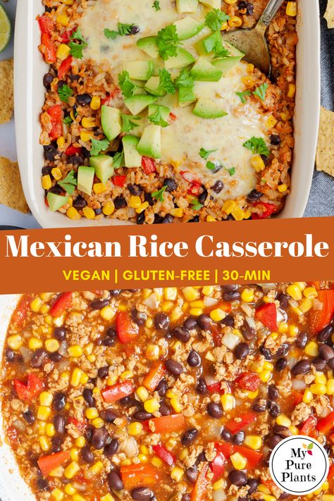 This is one of the quickest and easiest Mexican-style Vegan Rice Casserole recipe with the meatiest vegan ground beef ever, lots of black beans and sweet corn in a spicy tomato-based sauce. You can make it in 30 minutes including baking and melting a generous amount of vegan shredded cheese on top. Vegan Mexican Casserole Recipes, Vegan Rice Casserole Recipes, Vegan Rice Casserole, Vegan Mexican Casserole, Vegan Mexican Rice, Tvp Recipes, Vegan Casserole Recipes, Vegan Casseroles, Vegan Shredded Cheese