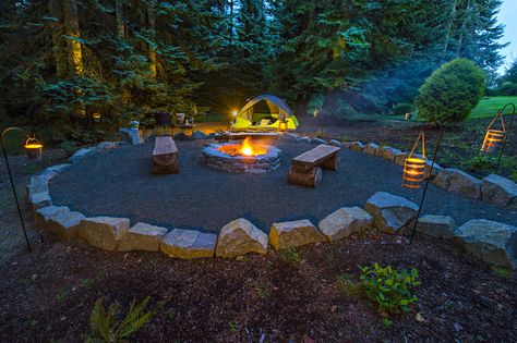 Camping in your own Landscape! Fun firepit and camping area http://www.paradiserestored.com/landscaping-blog/exterior-design-revel-outdoor-living-under-stars/ Campsite Decorating, Campsite Setup, Rustic Landscape, Backyard Camping, Bushcraft Camping, Camping Area, Backyard Inspo, Backyard Living, Outdoor Fire