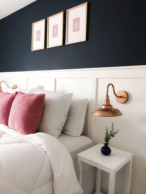 Blue Board And Batten Accent Wall, Behind Bed Paint Ideas, Two Colored Walls Bedroom, Navy Board And Batten Wall Bedroom, Blue Panel Bedroom, Accent Wall For Small Bedroom, Bedroom Wainscoting Ideas Master, Board And Batten Behind Bed, Small Bedroom Accent Wall