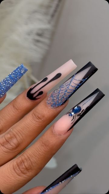 Bougie Halloween Nails, Black Nails With Blue Design, Spooky Short Nails Acrylic, Blue And Black Halloween Nails, Light Blue Halloween Nails, Blue Spooky Nails, Blue Nails Halloween, Dark Blue Halloween Nails, Corpse Bride Nail Designs