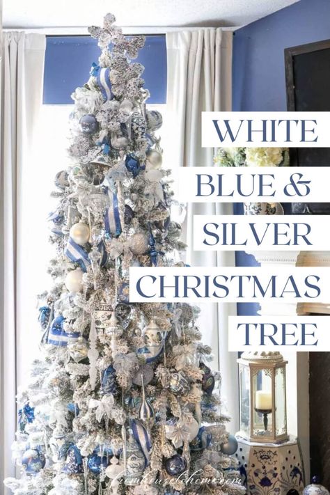 Make yourself a beautiful, wintry white holiday scene by decorating your Christmas tree with white, blue and silver ornaments. It’s an unique and elegant way how to decorate Christmas tree in a new way! White Christmas Tree Blue Decorations, White And Blue Christmas Decorations, Blue And Silver Christmas Tree Ideas, Silver Christmas Tree Decor, Blue And Silver Christmas Tree, Blue And White Christmas Tree, Coastal Tree, Blue And Silver Christmas, Blue Christmas Tree Decorations