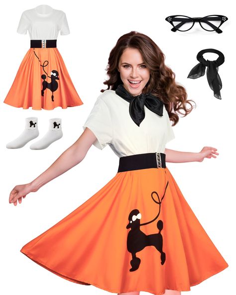 PRICES MAY VARY. Poodle Skirts for Women 50s Costume: you will receive 1 piece of 50s poodle skirt, 1 pair of poodle socks, 1 piece of belt, 1 piece of black scarf and 1 pair of retro glasses; Note: after receiving feedback from customers, we immediately updated the size chart, there may be little errors in manual measurement, please confirm whether the size is suitable before purchasing Serviceable and Lasting: the 50s outfit for women are made of quality polyester, reliable and sustained, not 50s Halloween, 1950s Poodle Skirt, Poodle Skirt Costume, 50s Outfit, Poodle Dress, Poodle Skirts, Retro Scarf, Halloween Skirt, Accessories Outfit