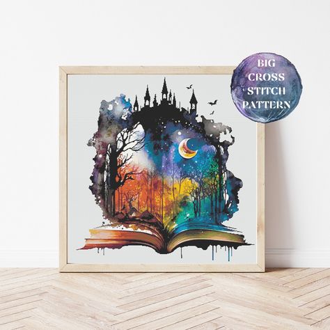 Castle Cross Stitch Pattern, Castle Cross Stitch, Full Coverage Cross Stitch, Cross Stitch Modern, Big Cross, Cross Stitch Supplies, Needlepoint Patterns, Magic Book, Modern Cross