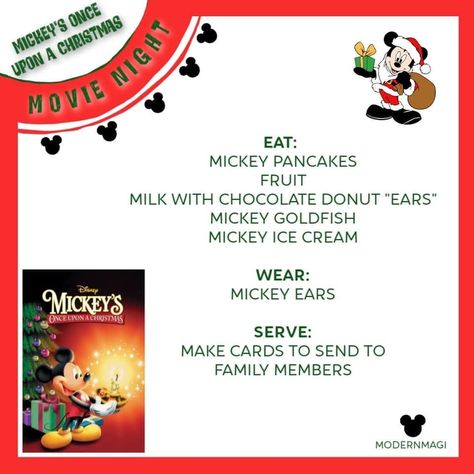 Christmas Dinner And Movie Night, Mickeys Once Upon A Christmas Dinner, Disney Dinner And Movie Night Envelopes, Disney Movie Night Menu Enchanted, Disney Dinner And Movie Night Printables, Themed Disney Dinner Nights, Mickeys Christmas Party, Disney Movie Themed Dinner, Disney Themed Movie Night