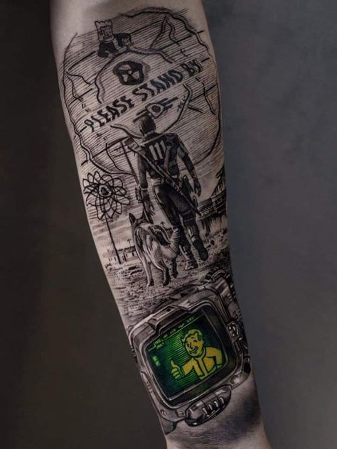 Fallout 4 Tattoos, Playstation Tattoo, Bioshock Tattoo, Skyrim Tattoo, Fallout Tattoo, Video Game Tattoos, Vegas Tattoo, Gamer Tattoos, Gaming Anime