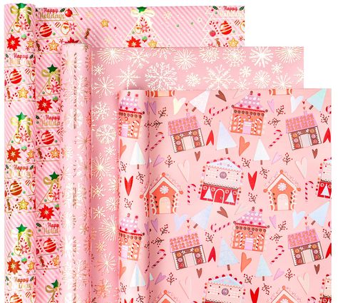 PRICES MAY VARY. METALLIC SHINE: Including 3 designs, pink Christmas tree, house, snowflake with metallic foil shine. PREMIUM QUALITY: Made from premium quality material, which is truly a green choice. Choose our wrapping paper, you do not worry about tear or rip while wrapping. PERFECT SIZE: Each roll measures 17 inch width x 120 inch length. Come with SHRINK FLIM to prevent wrapping paper from scratches and reduce dust. GRIDLINES DESIGN: Each one features gridlines on the reverse side for stra Christmas Tree House, Pink Christmas Wrapping Paper, Metallic Christmas, Wrapping Paper Rolls, Rainbows Christmas, Pink Christmas Decorations, Pink Holiday, Wrapping Paper Christmas, Pink Christmas Tree