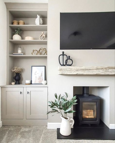 Log Burner Tv Wall, Alcove Ideas Living Room, Paint Living Room, Alcove Ideas, Log Burner Living Room, Lounge Room Styling, Indoor Fireplaces, Tv Wall Ideas, Uk House