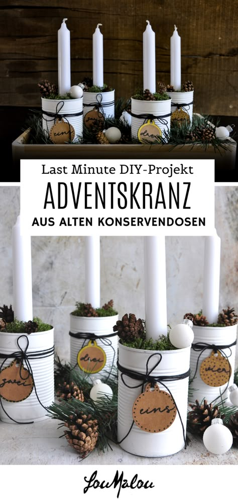 Anstelle einer aufwändigen Weihnachtsdeko, möchten wir euch ein einfaches Upcycling-Projekt vorschlagen. Ein supereinfacher Adventskranz aus alten Konservendosen. Damit werden Dosen sinnvoll wiederverwendet und im Handumdrehen lässt sich Adventsstimmung nach Hause holen. Zudem ist dieser Adventskranz hier ist auch absolut last minute-tauglich. Enthält Werbung. Diese und weitere Bastelideen gibt’s auf LouMalou.ch. #basteln #diy #weihnachten #advent #lastminutediy #upcycling #bauundhobby Christmas Upcycling, Advent Wreath Diy, Advent Diy, Advent Crafts, Weihnachten Diy, Xmas Deco, Advent Wreath, Diy Workshop, Merry Christmas Decoration