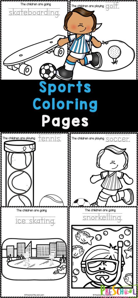 If you have a child who loves sports, these super cute sport coloring pages are for you! These free printable sports coloring pages feature baseball, basketball, bowling, football, soccer, tennis, volleyball, golf, skiing, roller skating, skateboarding, ice skating, swimming, snorkelling, and sledding. These sports coloring sheets are perfect for toddler, preschool, pre-k, kindergarten, and first grade students! Sport Coloring Pages, Coloring Pages For Preschoolers, Baseball Coloring Pages, Activities For One Year Olds, Preschool Math Games, Football Coloring Pages, Printable Sports, Chinese New Year Activities, Sports Coloring Pages