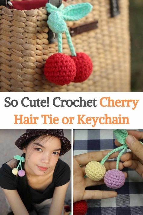 Crochet Red Yarn, Crochet Cherry Free Pattern, Crochet Cherry Pattern, Crochet Cherry Keychain Pattern Free, Cherries Crochet, Crochet Cherry Keychain Pattern, Crochet Cherry Keychain, Crochet Cherries, Crochet Cherry Earrings