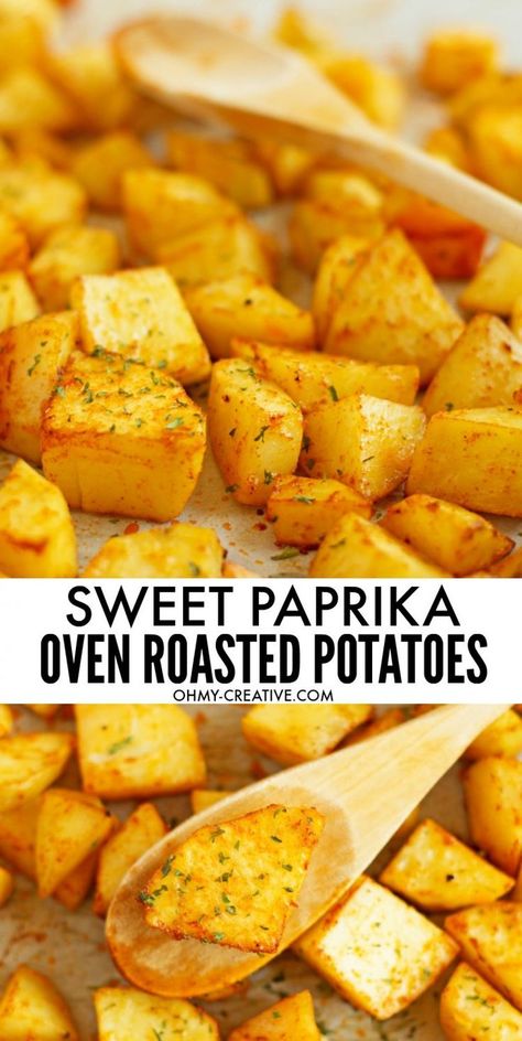 Easy Baked Sweet Paprika Potatoes | OHMY-CREATIVE.COM || Side Dish | Oven Roasted Potatoes | Dinner | Recipe | Comfort Food Sweet Paprika Recipes, Potato Board, Roasted Recipes, Ftdi Recipes, Mashed Potato Bites, Food Potatoes, Bacon Mashed Potatoes, Potatoes Dinner, Veggie Dinners