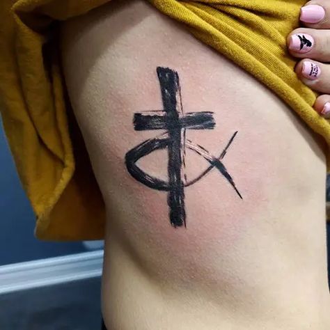 Jesus fish tattoo Cross And Fish Tattoo, Jesus Christ Tattoo Designs, Christian Tattoos For Guys, Elijah Tattoo, Christian Tattoos Men, Religous Tattoo, Christian Cross Tattoos, Jesus Tattoos, Crucifix Tattoo