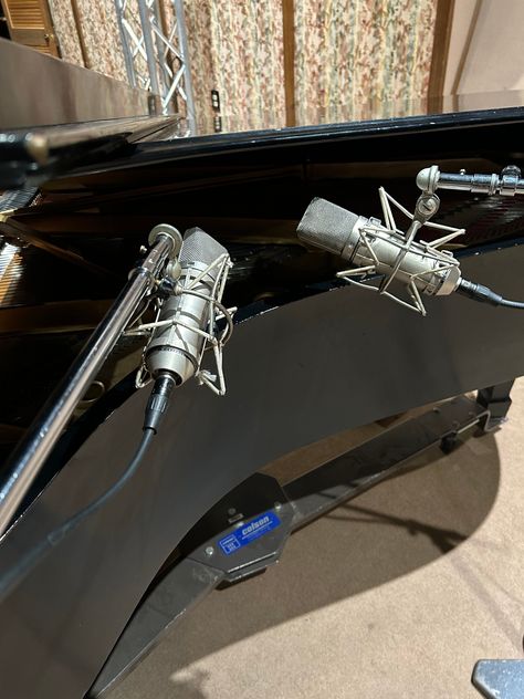 2 vintage Neumann U87 Microphones in modified ORTF configuration on a Steinway grand piano. #surroundmixing #music #school #recordingstudio #recordingstudio, #analog #digitalaudio #rockvillemd Neumann U87, Steinway Grand Piano, Vintage Hifi, Music School, Grand Piano, Studio Tour, Digital Audio, Recording Studio, Microphones