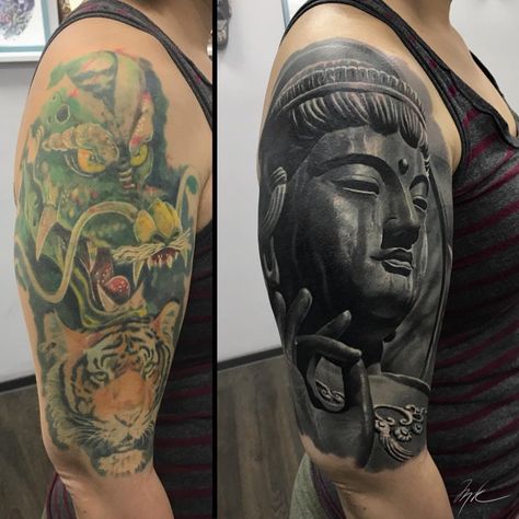 Tattoo Sleeve Cover Up, Arm Cover Up Tattoos, Cover Up Tattoos For Men, Tatuaje Cover Up, Buddhist Tattoo, Black Tattoo Cover Up, Buddha Tattoos, Buddha Tattoo, Small Girl Tattoos