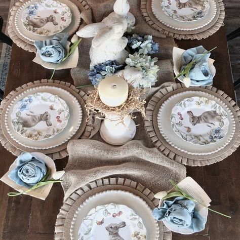 Hemstitch Smoke Blue Napkin | Pier 1 Vintage Spring Aesthetic, Vintage Spring Decor, Spring Mantle Decor, Easter Dinner Table, Spring Mantle, Spring Table Settings, Easter Table Settings, Spring Decor Diy, Easter Tablescapes