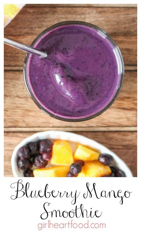 This blueberry mango smoothie is creamy, delicious and made in minutes. Great for a quick breakfast or snack! #blueberrymangosmoothie #mangoblueberrysmoothie #berrymangosmoothie #smoothiewithalmondmilk #smoothiewithoutbanana #frozenfruitsmoothie #creamysmoothie #greekyogurtsmoothie #fruitsmoothie Smoothie With Greek Yogurt, Non Dairy Smoothie, Blueberry Mango Smoothie, Blueberry Drinks, Blueberry Mango, Smoothie Without Banana, Greek Yogurt Smoothie, Frozen Fruit Smoothie, Easy Breakfast Smoothies