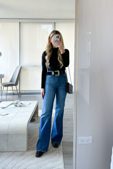 Flare Jeans Winter Outfit, Flare Jeans Winter, Winter Going Out Outfit, Winter Outfit Black, Flare Jeans Outfit, Twisted Hoop Earrings, Western Belt, Hoop Earrings Gold, Gold Gifts