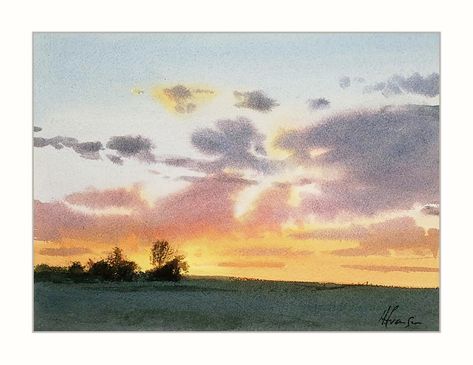 Hill Watercolor, Andy Evansen, Watercolor Clouds, Watercolour Landscape, Watercolor Sky, Watercolor Sunset, Watercolour Inspiration, Watercolor Mountains, Watercolor Landscape Paintings