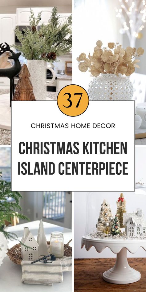 Pinterest image for an article about Christmas kitchen island centerpiece Christmas Decoration For Kitchen Island, Centerpiece For Dining Table Christmas, Kitchen Island Centerpiece Christmas, Holiday Kitchen Island Decor, Kitchen Island Light Christmas Decor, Kitchen Bar Christmas Decor Ideas, Christmas Centerpieces For Island, How To Decorate Kitchen Island For Christmas, Island Centerpiece Christmas