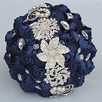 USIX Handcraft Crystal Satin Rose Brooch Bridal Holding Wedding Bouquet Brooch Bouquet, Lace Decorated Bouquet, Wedding Flower Arrangements Bridesmaid Bouquet(Navy) Navy Bouquet, Navy Wedding Flowers, Crystal Bouquet, Bouquet Bridesmaid, Bouquet Brooch, Bridal Packages, Ribbon Bouquet, Rose Brooch, Wedding Cakes With Flowers