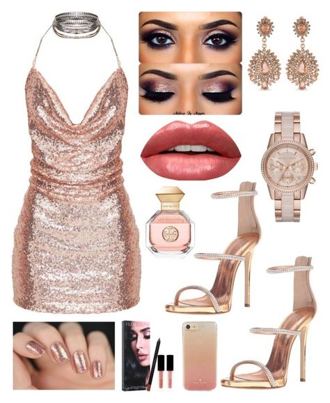 "Rose Gold Dress" by ariah22 ❤ liked on Polyvore featuring Giuseppe Zanotti, Huda Beauty, MICHAEL Michael Kors, Carolee, Kate Spade and Tory Burch Rose Gold Dress Aesthetic, Glamorous Gold Stretch Bodycon Dress, Tight Rose Gold Dresses, Rose Gold Formal Dress Mini, Rose Gold Dress Outfit, Gold Dress Outfit, Nicki Minaj Gold Dress, Classy Elegant Outfits, Rose Gold Dress