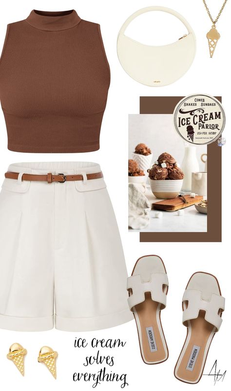 Ice Cream Outfit, Rocky Road Ice Cream, Cream Outfit, Summer Elegance, Classy Fits, Midsize Fashion, Shorts Outfits Women, Boho Style Outfits, Cream Shorts