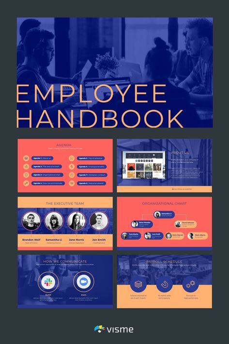 Presentation template for an Employee Handbook. This Interactive Presentation Template is easy to customize and input your content #presentations #presentationslides #presentationtemplate Employee Orientation Presentation, Employee Handbook Design Layout, Employee Handbook Design, Orientation Presentation, Hr Branding, Operational Management, Handbook Design, Hr Ideas, Employee Handbook Template