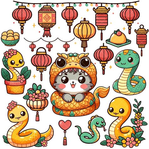 Year Of Snake Design, Kawaii Snake, Cny Cookies, New Year Clipart, Gold Png, Cricut Print And Cut, Shrink Art, Vintage Poster Design, Year Of The Snake