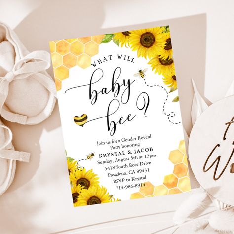 What Will It Bee Gender Reveal Invite, Honey Bee Gender Reveal, Bumble Bee Gender Reveal, Bee Gender Reveal Invitation, Bee Themed Gender Reveal, What Will Baby Bee, Gender Reveal Unique, Bee Invitations, Bee Gender Reveal