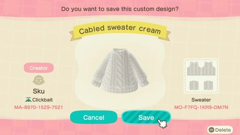 First design - cabled textured sweaters in 3 colors. : ACQR Acnh Custom Design, Animal Crossing Qr Codes, Animal Crossing Qr Codes Clothes, Qr Codes Animal Crossing, New Animal Crossing, Animal Crossing Game, Textured Sweater, Animal Crossing Qr, Designs Patterns