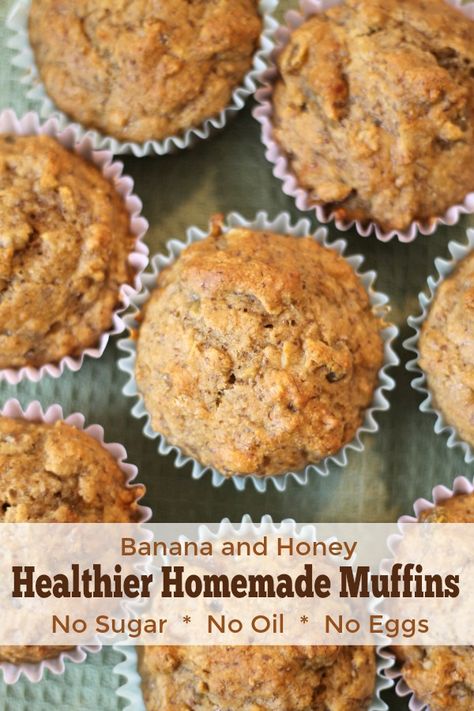 Healthier Homemade Muffins - Made with banana and honey. No oil, no sugar, and no eggs! Healthy Banana Muffins No Egg, Plant Based Banana Muffins, No Oil Desserts, No Egg Muffins Recipe, No Egg Banana Muffins, Muffins With No Eggs, No Egg Muffins, Banana Muffins No Egg, Muffins No Eggs