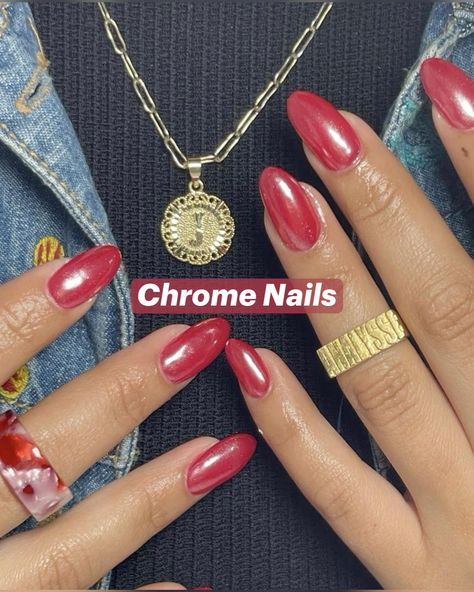 Holiday Nail Inspo Summer, Autumn Nail Designs, Red Chrome Nails, Almond Nail Art, Red Chrome, Inspo Makeup, Autumn Nail, Makeup Nails Art, Hello Nails