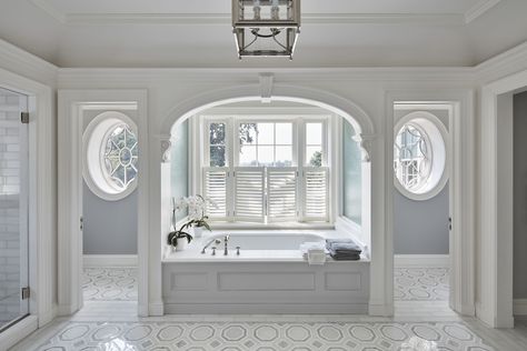 Stone Georgian Townhouse — Charles Hilton Architects Arch Over Tub, Built In Master Bathtub, Built In Tubs Master Bath, Built In Soaker Tub, Bathtub Built In, Built In Bathtub Tub Surround, Built In Tub Master Bath, Octagon Tile Floor, Bath Tub Design