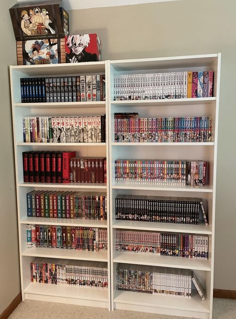 Manga Bookshelf Anime Manga Bookshelf, Aesthetic Book Collection, Manga Decor Room, Bookshelves Manga, Mangatheque Aesthetic, Anime Bookshelf Aesthetic, Manga Library Aesthetic, Manga Collection Shelf, Manga Collection Room Aesthetic