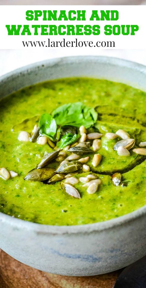 super healthy watercress and spinach soup is so tasty and easy to make too #watercressandspinachsoup #healthysoup #watercresssoup #spinachsoup #larderlove Heart Healthy Soup, Watercress Recipes, Watercress Soup, Vegan Lentil Soup, Chilled Soup, Sweet Potato Spinach, Asparagus Soup, Spinach Soup, Super Easy Recipes