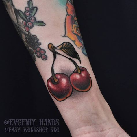 #tattoo #tattooing #cherrytattoo #neotraditionaltattoo #neotradtattoo Cherry Bomb Tattoo, Cherry Tattoo, Neo Trad Tattoo, Cherry Tattoos, Branch Tattoo, Vine Tattoos, Classic Tattoo, Botanical Collection, Real Tattoo