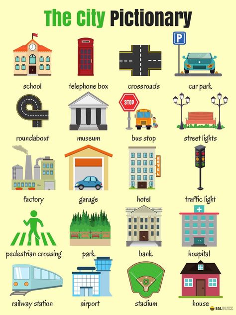 Places and shops around Town or City vocabulary in English... Vocabulary In English, Study English, Kids English, English Vocab, English Verbs, English Classroom, English Language Teaching, English Lessons For Kids, English Activities