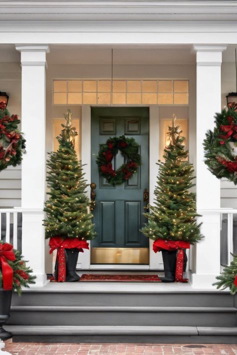 Bring the Christmas tree tradition outdoors with these porch-friendly tree arrangements. Learn how to decorate and protect trees for outdoor display. Christmas Tree Outside Front Doors, Front Yard Christmas Tree, Outside Tree Decorations Christmas, Christmas Tree Porch Ideas, Christmas Tree Display Ideas, Christmas Tree On Porch, Tree Display Ideas, Christmas Tree Front Porch, Christmas Tree Porch