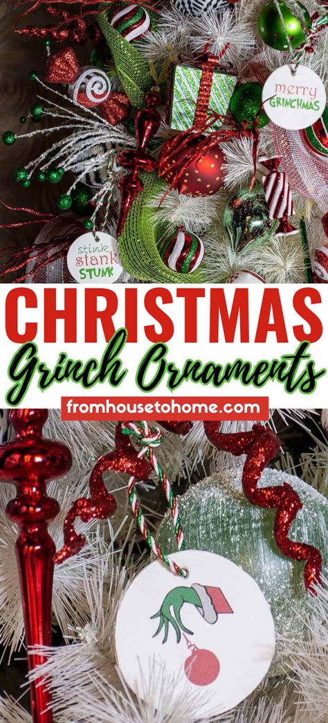 DIY Grinch Christmas ornaments featuring the text "Christmas Grinch ornaments". Grinch Ornaments Diy How To Make, Grinch Ornaments Diy, Diy Grinch Ornaments, Grinch Christmas Ornaments, Grinchmas Party, Free Printable Patterns, Diy Grinch, Green Christmas Tree Decorations, Diy Christmas Decorations For Home