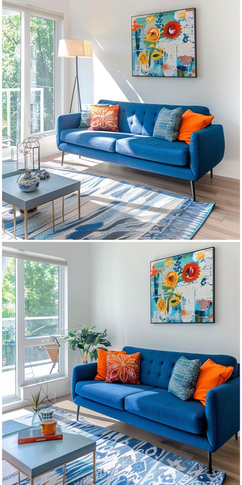 Royal Blue Sofa Living Room Ideas, Bright Colorful Living Room Ideas, Blue Sofa In Living Room, Living Room With Blue Sofa, Room With Blue Sofa, Blue Sofa Living Room Ideas, Blue Sofa Living Room, Coloured Sofa, Sofa Living Room Ideas