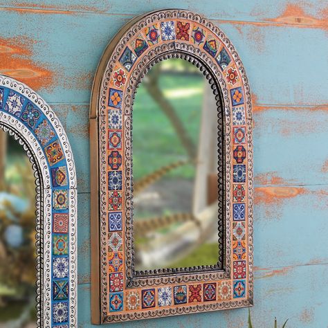 Southwest Talavera Mirror - Orange Talavera Mirror, Western Mirror, Southwestern Colors, Mirrored Bedroom Furniture, Modern Style Bedroom, Black Forest Decor, Leather Mirror, Handmade Mirror, Handmade Mirrors