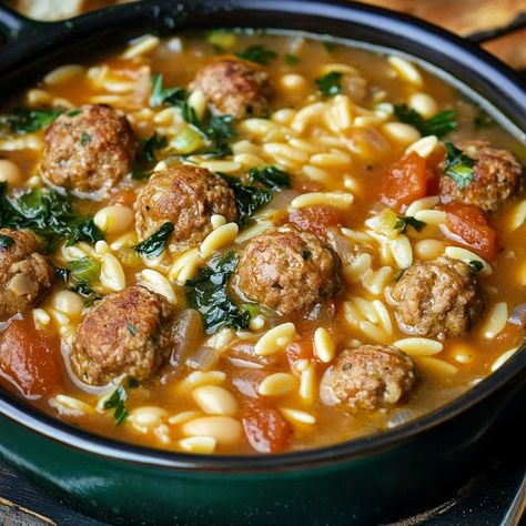 When you're craving comfort food that warms you from the inside out, this Hearty Meatball Stew with Orzo and White Beans is the answer. Combining tender meatballs, flavorful orzo, and Mini Crockpot Recipes, Creamy White Beans, Meatball Stew, Pot Making, Grandma Cooking, Mediterranean Kitchen, Cozy Dinner, Meatball Soup, Small Pasta