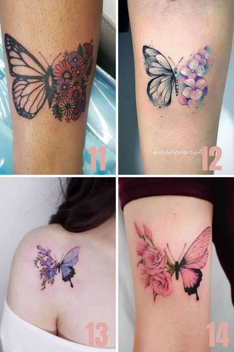 31 Beautiful Half Butterfly Half Flower Tattoo Ideas - tattooglee Simple Watercolor Tattoos For Women, Classy Tattoos For Women Elegant Arm, Rose And Butterfly Tattoo, Butterfly With Flowers Tattoo, Half Butterfly, Butterfly Tattoo Stencil, Unique Butterfly Tattoos, Tato Dengan Makna, Half Flower