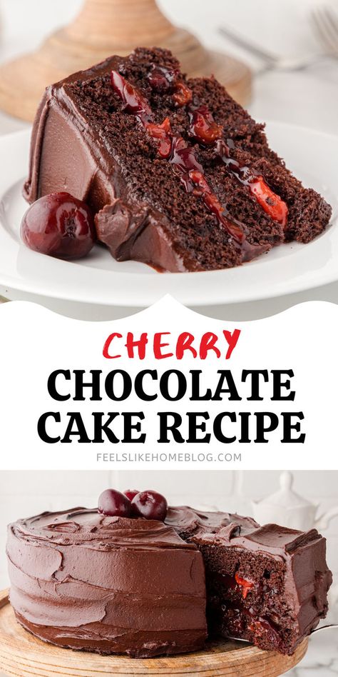 A rich and decadent chocolate cherry cake filled with cherry pie filling, perfect as a layer cake or Black Forest cake for birthdays, with options for easy cherry desserts, quick and easy desserts, and gluten-free, made from scratch with the title “cherry chocolate cake recipe" Chocolate Cake Cherry Pie Filling, Chocolate Cake With Cherry Filling, Chocolate Covered Cherry Cake, Chocolate Cherry Cake Recipe, Cherry Filling Dessert, Cherry Filling Recipes, Cherry Chocolate Cake, Cherry Cake Recipe, Black Forest Cake Recipe