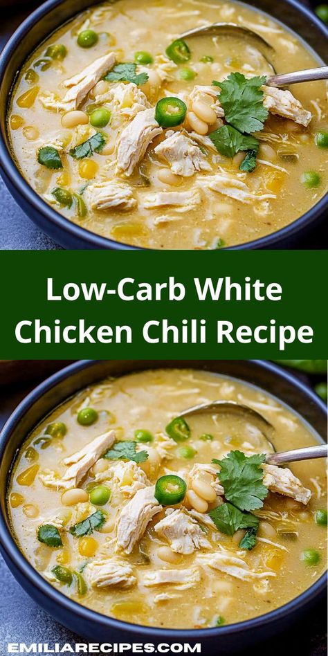 Looking for a low carb recipe that's easy? Try this Low-Carb White Chicken Chili Recipe! It’s an easy chili recipe perfect for healthy chicken recipes and low carb dinners, great for dinner ideas easy and quick. White Chicken Chili Recipe, White Chili Chicken Recipe, Chili Recipe Crockpot, Chili Recipe Easy, Chicken Chili Recipe, White Chicken Chili, White Chicken, Low Carb Dinner, Chili Recipe