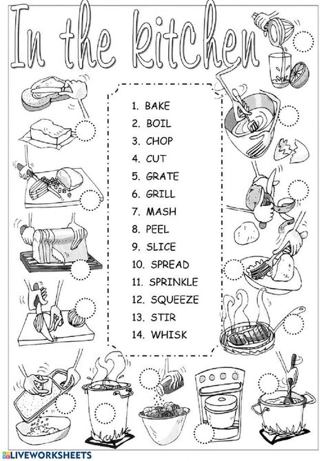 Cooking vocabulary interactive and downloadable worksheet. You can do the exercises online or download the worksheet as pdf. Kitchen Verbs, Esl Activities, English Vocab, A Worksheet, English Language Teaching, English Lessons For Kids, English Activities, Vocabulary Worksheets, English As A Second Language (esl)