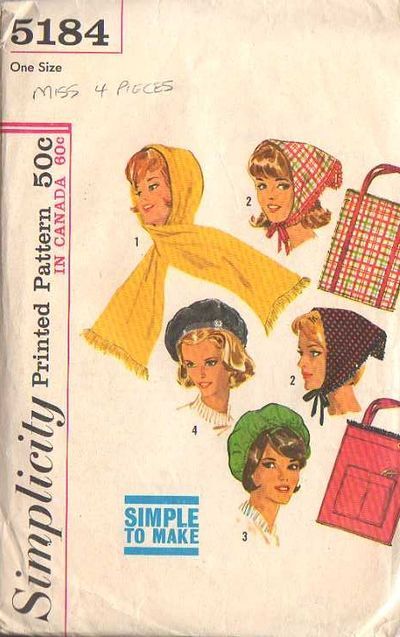 Simplicity, 1960s Millinery Diy, 1960s Accessories, Hood Scarf, Pin Up Vintage, 60s And 70s Fashion, Head Pieces, Paper Sewing Patterns, Hooded Scarf, Old Fashion