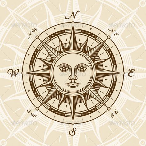 Vintage Rose Sun Compass - conceptual Viajes Vintage Sun, Compass Rose, Sun And Moon, Compass, The Sun, Hand Drawn, Moon, Illustrations, Sun